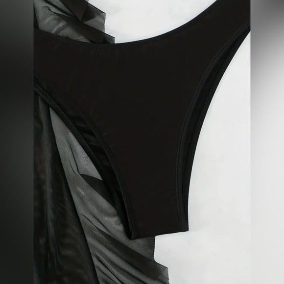 3pc Black Criss Cross Top Bikini Set with Sheer Mesh Ruffle Cover-Up Pants - Picture 4 of 8